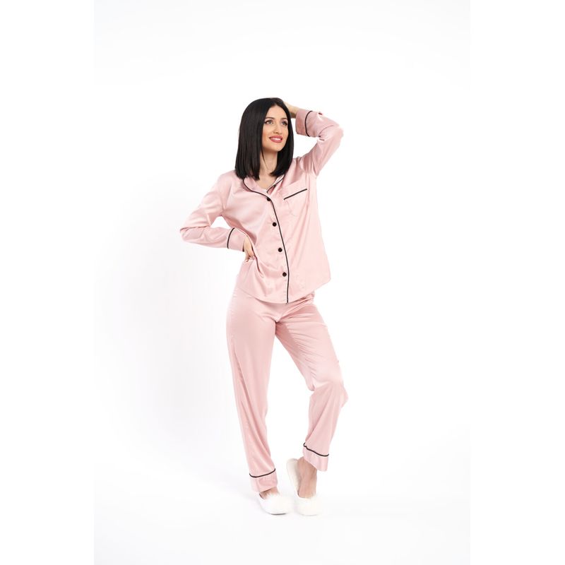 Fashion, accesorii si bijuterii - Femei - Lenjerie si pijamale femei - Pijamale femei - Pijama dama din satin de matase, roz, L - Infinity.ro