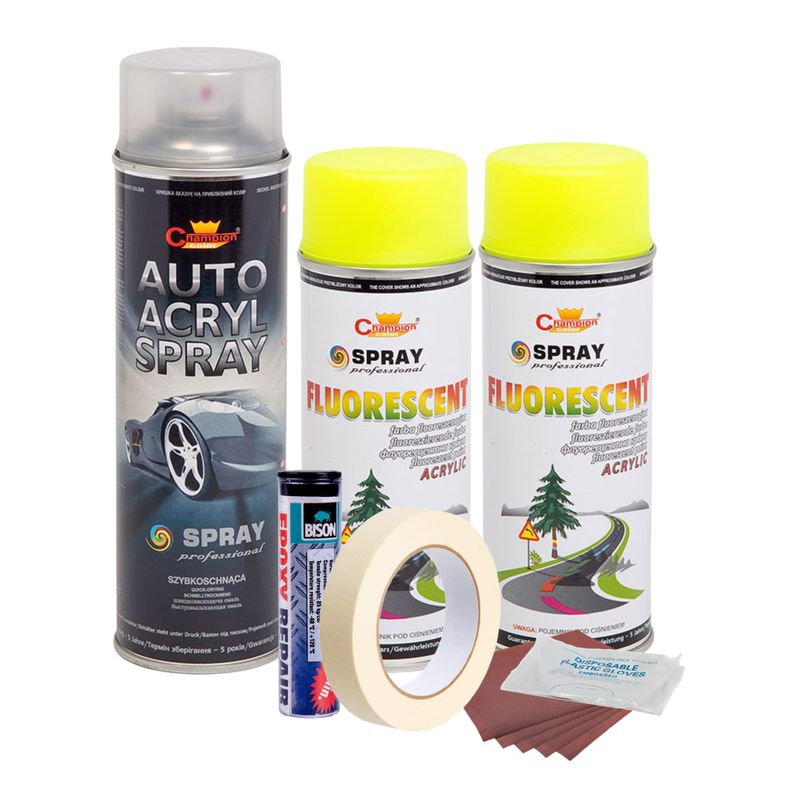 Auto si Moto - Piese auto si accesorii - Caroserie - Vopsele auto si accesorii - Kit complet reparatie si vopsire jante culoare galben fluorescent, v2 - Infinity.ro