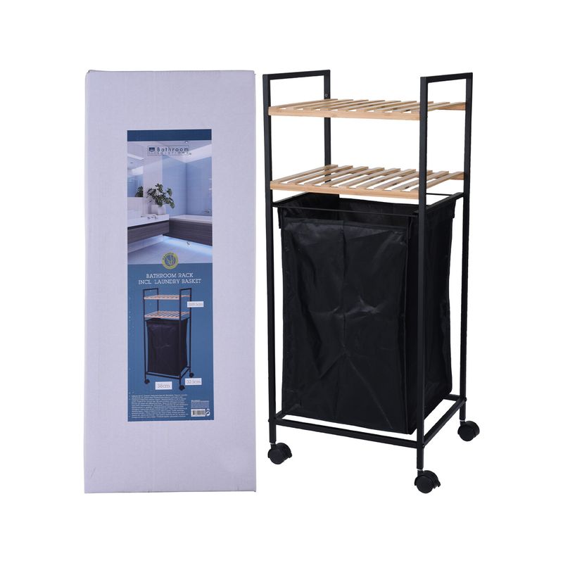 Casa si Gradina - Mobilier - Biblioteci si rafturi - Rafturi - Raft pentru baie, mobil, 2 polite si cos de rufe inclus, 86.5 x 36 x 5.2 cm, negru - Infinity.ro