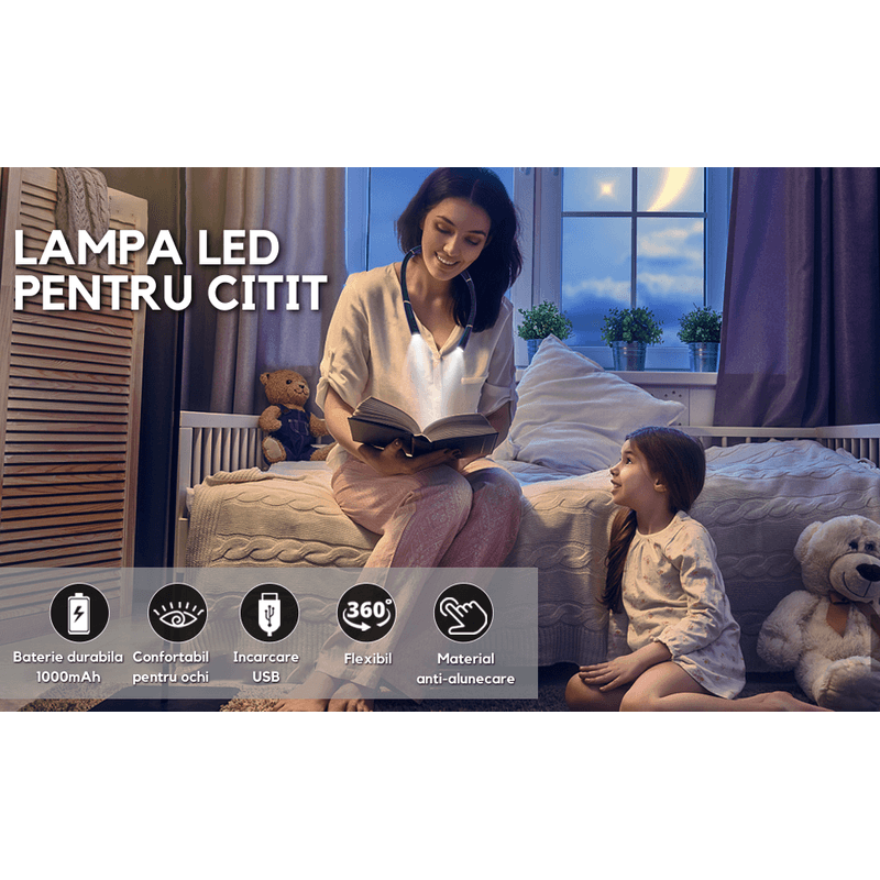 Carti si Birotica - Carti - Accesorii pentru cititori - Lampa pentru Citit cu Pozitionare pe Gat, 3 Tipuri de Lumina LED, 3 Nivele de Intensitate, Reincarcare USB, Gri - Infinity.ro