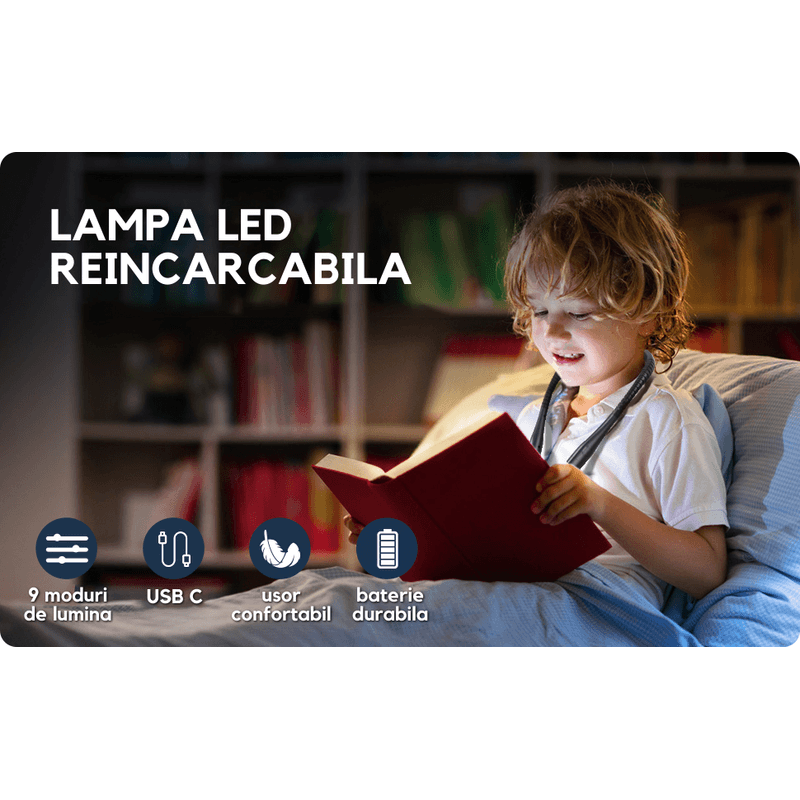 Carti si Birotica - Carti - Accesorii pentru cititori - Lampa pentru Citit cu Pozitionare pe Gat, 3 Tipuri de Lumina LED, 3 Nivele de Intensitate, Reincarcare USB, Gri - Infinity.ro