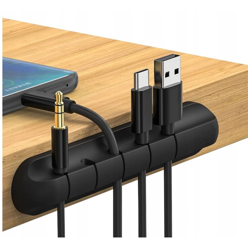 Laptop, Telefoane si Tablete - Telefoane mobile si accesorii - Accesorii Telefoane - Cabluri si adaptoare telefoane - Suport cablu cu 5 orificii, organizator autoadeziv din silicon, 11.5 cm, negru - Infinity.ro