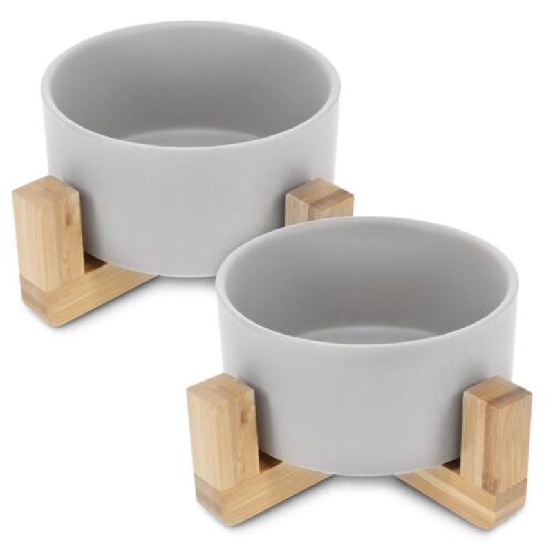 Petshop - Accesorii petshop - Castroane si adapatori - Set 2 Boluri pentru pisici si caini cu suport din bambus Navaris, 550 ml, Gri, 48350.1.22 - Infinity.ro