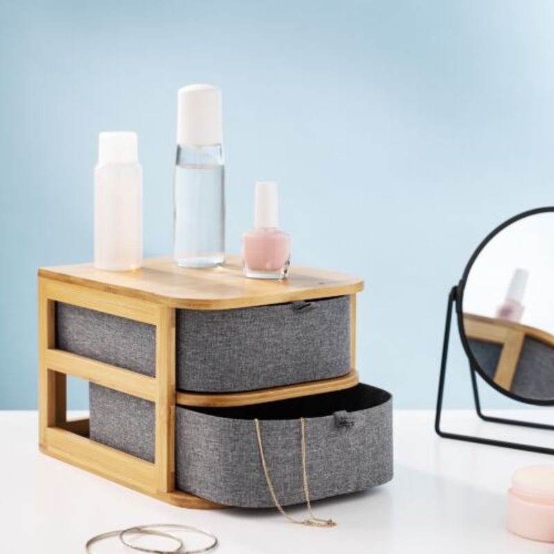 Casa si Gradina - Mobilier - Organizare si depozitare - Cutii depozitare - Organizator pentru cosmetice din bambus si material textil Navaris, 2 Sertare, 54184.01 - Infinity.ro