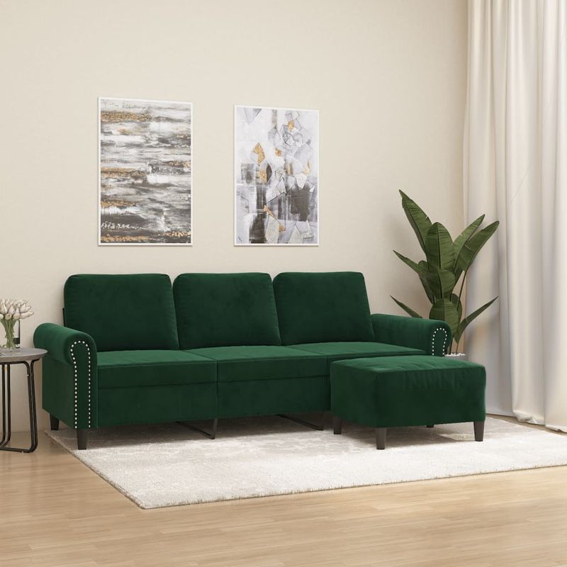 Casa si Gradina - Mobilier - Canapele si coltare - Canapele - Canapea cu 3 locuri si taburet, catifea, verde inchis, 180 cm, model 4 - Infinity.ro