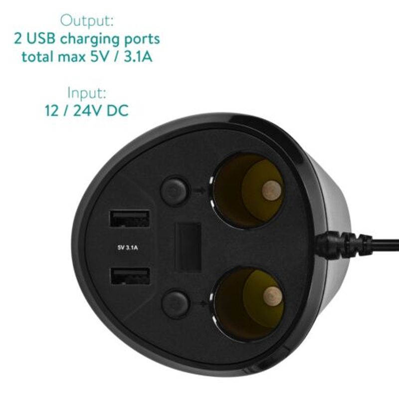 Auto si Moto - Electronice auto - Accesorii electronice auto - Adaptor auto cu 2 prize si 2 porturi USB Navaris, 12V, 24V, Afisaj LED, Negru, 49581.01 - Infinity.ro