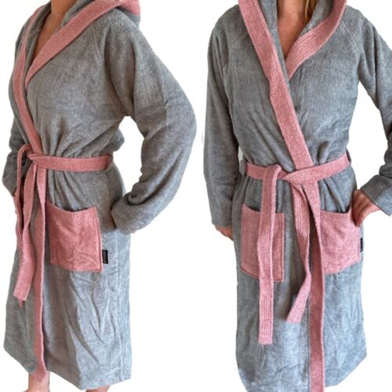 Casa si Gradina - Textile si covoare - Textile baie - Halate de baie - Halat de baie din tesatura Homelevel, 5XL, Gri/Roz, Bumbac organic, 54856.10.35 - Infinity.ro