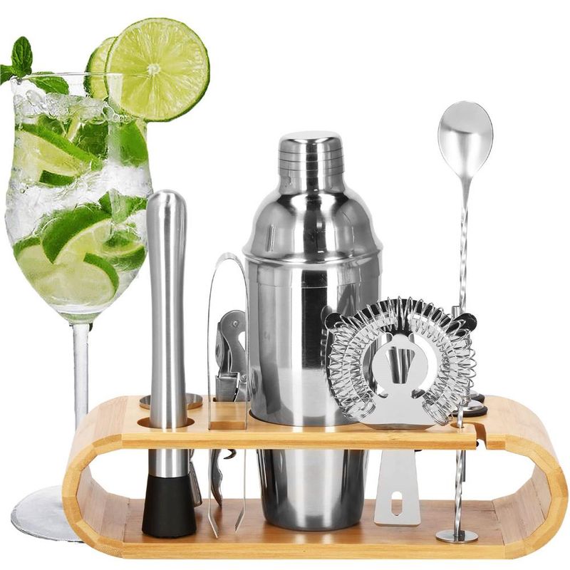 Casa si Gradina - Bucatarie si vesela - Accesorii bar - Shakere - Set bartending Springos, 12 piese, suport bambus, inox, 750 ml - Infinity.ro