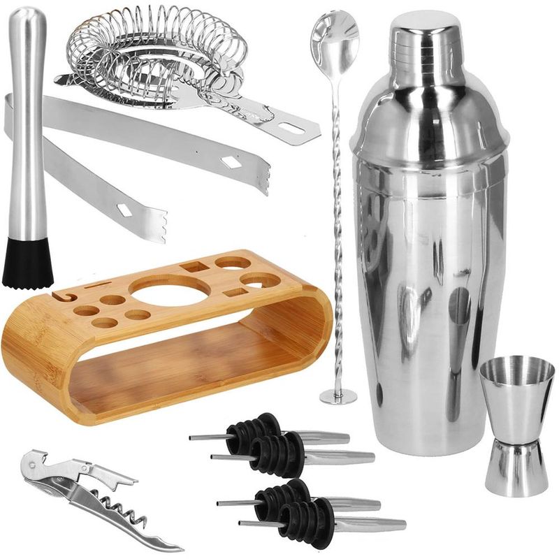 Casa si Gradina - Bucatarie si vesela - Accesorii bar - Shakere - Set bartending Springos, 12 piese, suport bambus, inox, 750 ml - Infinity.ro