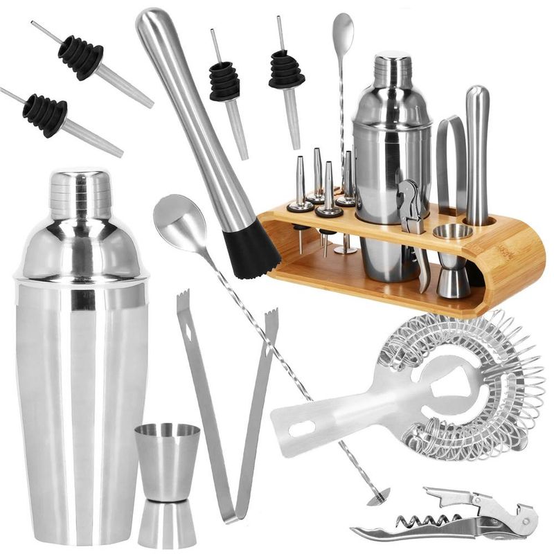 Casa si Gradina - Bucatarie si vesela - Accesorii bar - Shakere - Set bartending Springos, 12 piese, suport bambus, inox, 750 ml - Infinity.ro