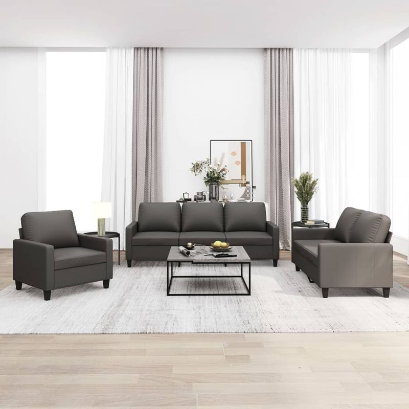 Casa si Gradina - Mobilier - Seturi de mobilier - Seturi living - Set de canapele cu perne, 3 piese, piele ecologica, gri, model 1 - Infinity.ro