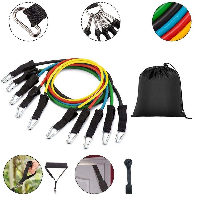 Sport si Outdoor - Fitness - Accesorii fitness - Benzi elastice fitness - Set 11 bucati extensor fitness cu corzi elastice, manere, ancora usa si curele pentru glezna - Infinity.ro
