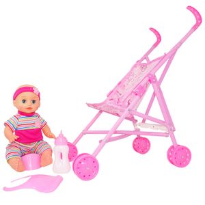 Set carucior cu papusa bebelus, biberon, bavetica si olita, roz