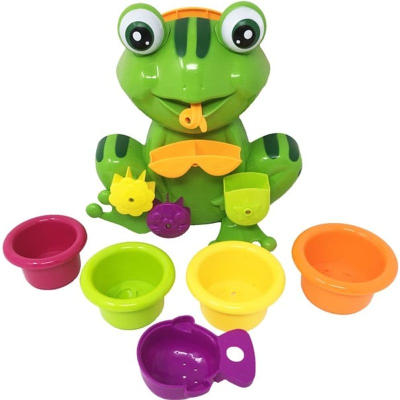 Jucarii, Copii si Bebe - Jucarii si jocuri - Jucarii bebelusi - Jucarii interactive bebelusi - Set de jucarie pentru baie broscuta tip moara de apa, cu ventuza si 5 paharute de apa cu diverse animalute - Infinity.ro