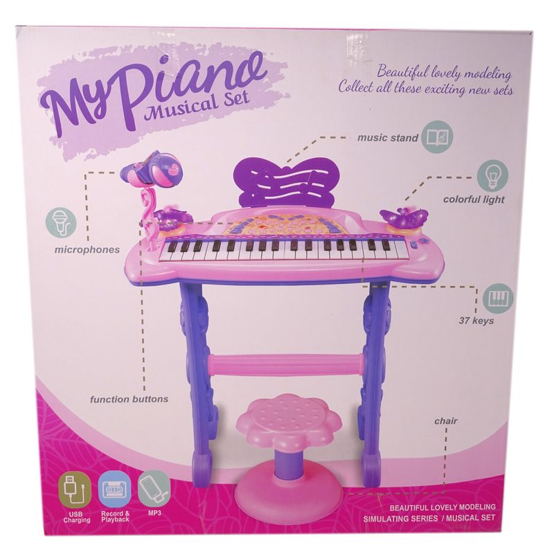 Jucarii, Copii si Bebe - Jucarii si jocuri - Jucarii de rol - Instrumente muzicale de jucarie - Set complet muzical copii cu orga electronica, microfon si scaunel, 37 taste pian, 8 ritmuri diferite, 4 sunete de instrumente adifer - Infinity.ro