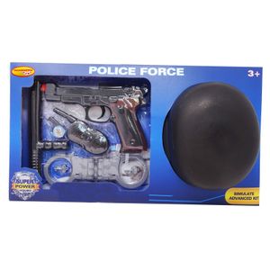 Set politie cu pistol, casca, baston, catuse, fluier si statie, 6 piese