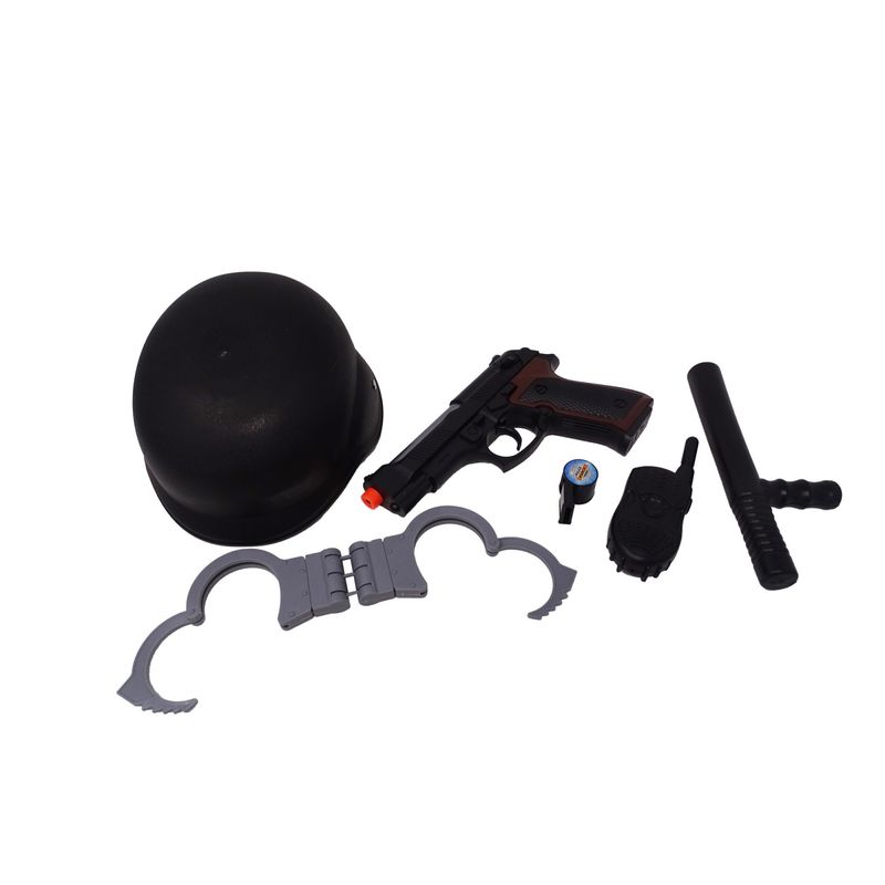 Jucarii, Copii si Bebe - Jucarii si jocuri - Jucarii de rol - Arme de jucarie - Set politie cu pistol, casca, baston, catuse, fluier si statie, 6 piese - Infinity.ro