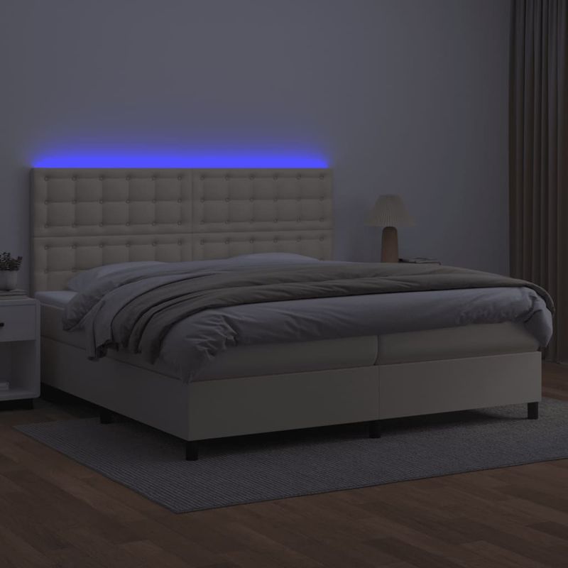 Casa si Gradina - Mobilier - Paturi si accesorii - Paturi - Pat cu arcuri, saltea si LED, crem, 200x200 cm, piele ecologica - Infinity.ro