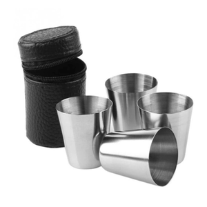 Set 4 pahare pentru camping, CRT, Pro Cups, cu husa pentru depozitare, otel inoxidabil, 30 ml