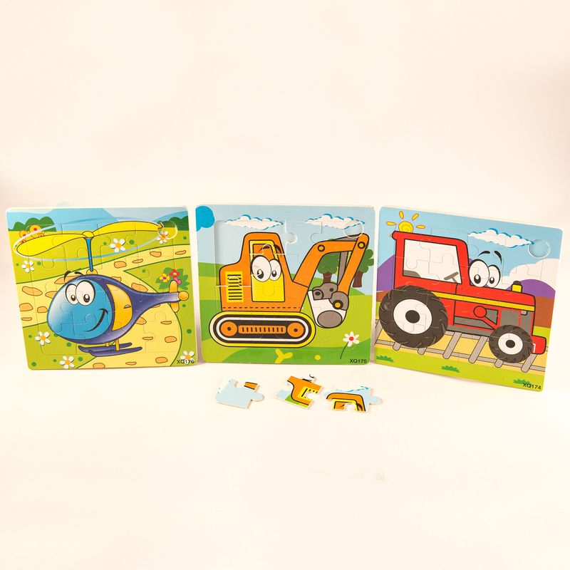Jucarii, Copii si Bebe - Jucarii si jocuri - Jocuri si puzzle - Puzzle - Set 3 puzzle din lemn, vehicule viu colorate si distractive - Infinity.ro