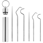 Sport si Outdoor - Camping - Bucatarie de camping - Vesela camping - Set 6 scobitori metalice tip breloc, diferite forme , CRT, Healthy Teeth, Argintiu - Infinity.ro