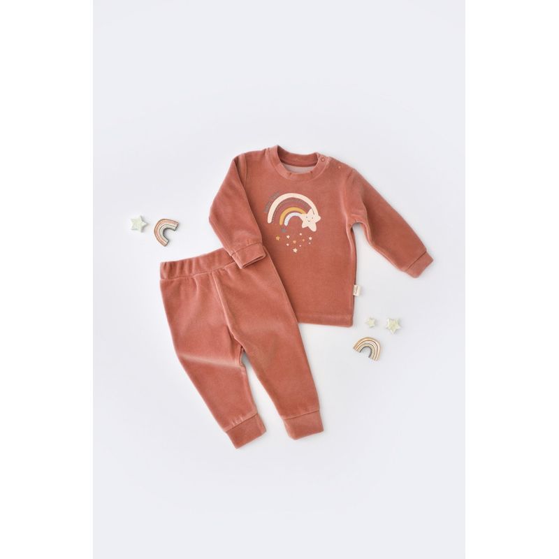 Fashion, accesorii si bijuterii - Copii - Imbracaminte copii - Treninguri si compleuri copii - Set Curcubeu cu bluzita si pantaloni lungi, Baby Cosy, caramiziu, marime 9-12 luni - Infinity.ro