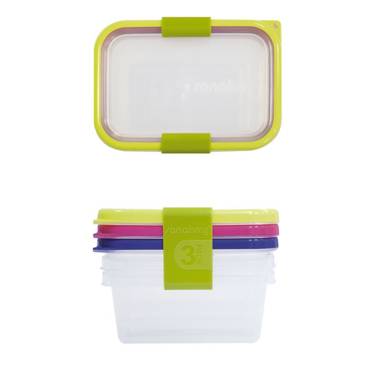 Casa si Gradina - Bucatarie si vesela - Organizare si depozitare bucatarie - Cutii alimentare - Set 3 cutii de conservare alimente Sanaliving 11,5x8x5 cm. 200 ml capace de culori asortate fucsia, lime, violet - Infinity.ro