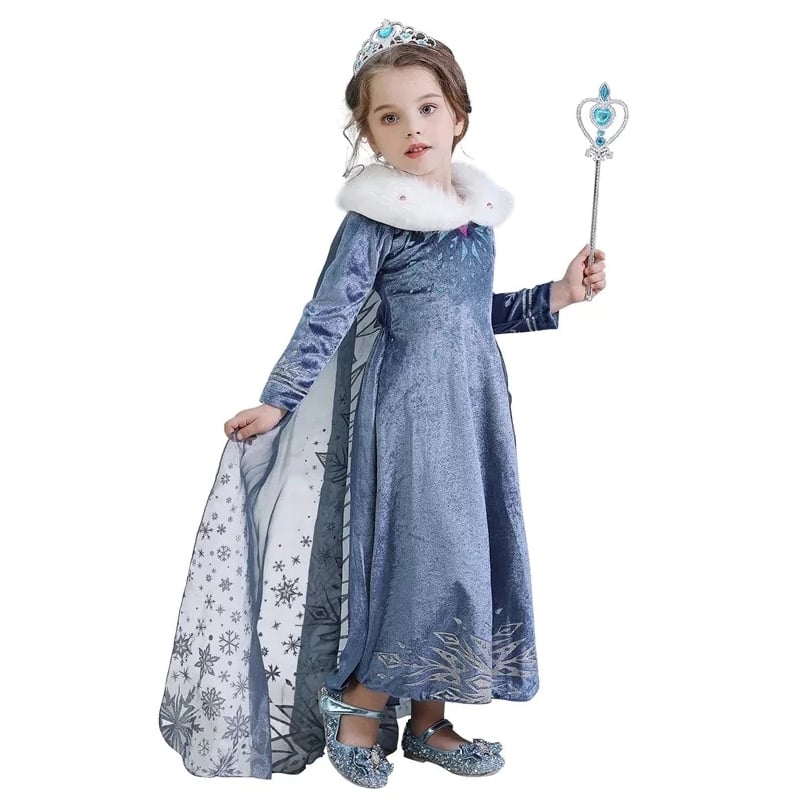 Jucarii, Copii si Bebe - Jucarii si jocuri - Jucarii de rol - Masti si costume copii - Costum Elsa cu guler blana pentru fete 5-7 ani 110-120 cm - Infinity.ro