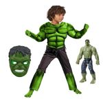 Jucarii, Copii si Bebe - Jucarii si jocuri - Jucarii de rol - Masti si costume copii - Costum Hulk clasic cu muschi si figurina 20 cm, pentru baieti 5-7 ani 110-120 cm - Infinity.ro