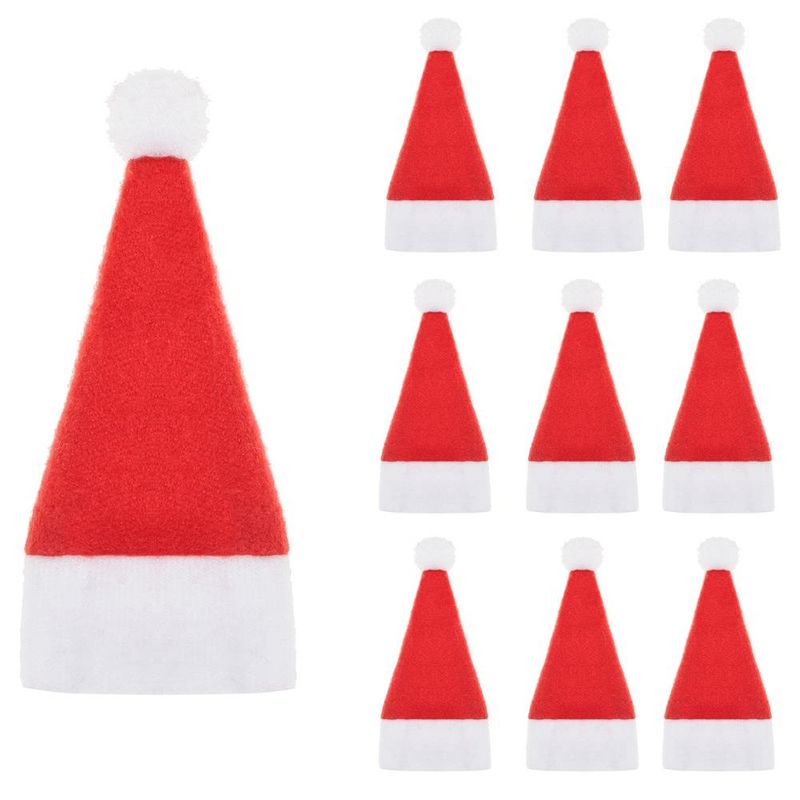 Casa si Gradina - Decoratiuni - Decoratiuni de sezon - Set mini caciulite Mos Craciun pentru sticle sau tacamuri, 10 bucati, stofa, 13 x 6.5 cm, rosu / alb - Infinity.ro