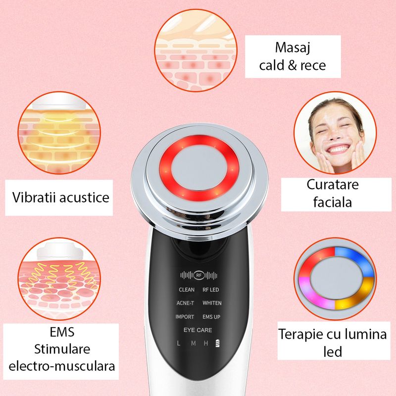 Ingrijire personala si Cosmetice - Aparate & accesorii ingrijire personala - Aparate cosmetice - Aparate intretinere si ingrijire corporala - Aparat premium pentru tratament facial si intinerirea pielii 5 in 1, LED,  Lifting, Anti Rid, vibratii EMS, Microcurent, Masaj facial, Alb - Infinity.ro