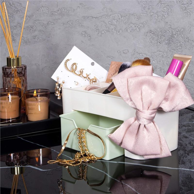 Fashion, accesorii si bijuterii - Femei - Bijuterii femei - Cutii bijuterii - Organizator pentru cosmetice, bijuterii si ceasuri, 6 compartimente si 1 sertar, crem/verde - Infinity.ro