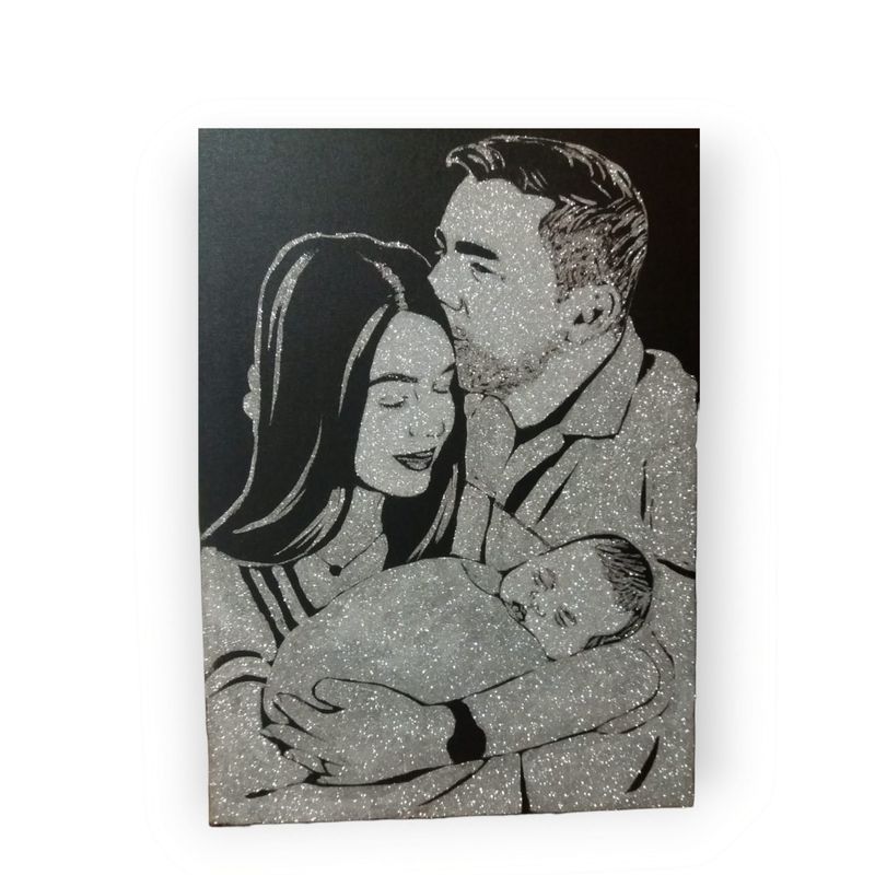 Casa si Gradina - Decoratiuni - Tablouri - Tablou personalizat cu sclipici cu poza ta, de familie, handmade, 100x80 cm, 3 persoane - Infinity.ro