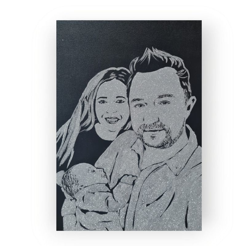 Casa si Gradina - Decoratiuni - Tablouri - Tablou personalizat cu sclipici cu poza ta, de familie, handmade, 100x80 cm, 3 persoane - Infinity.ro