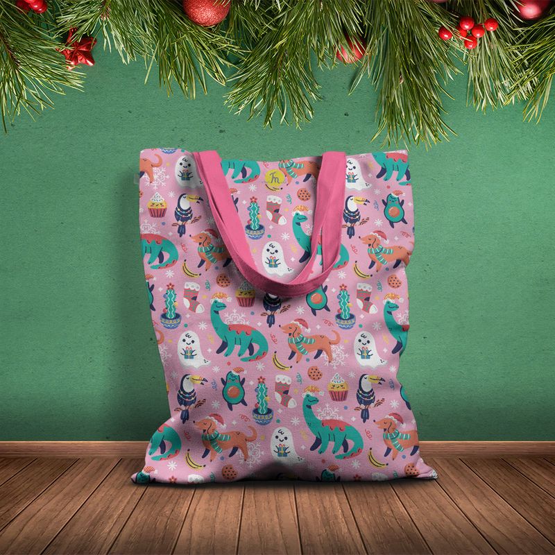 Fashion, accesorii si bijuterii - Femei - Accesorii femei - Genti si rucsacuri femei - Geanta Handmade Tote Basic, Animale Festive de Craciun, Multicolor, 43x37 cm - Infinity.ro