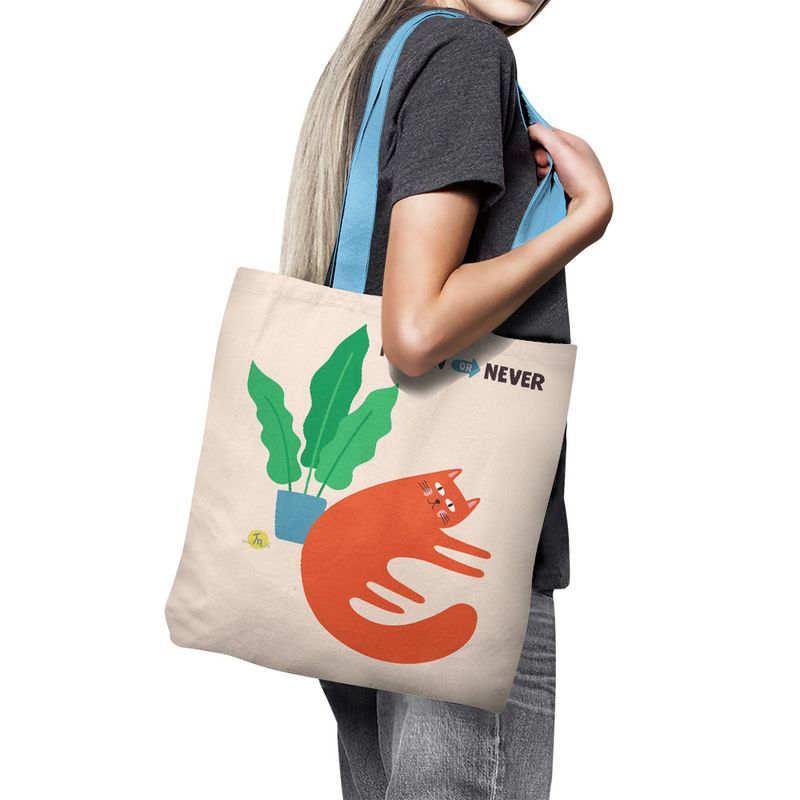 Fashion, accesorii si bijuterii - Femei - Accesorii femei - Genti si rucsacuri femei - Geanta Handmade Tote Basic, Meow or Never Pisica si Planta, Multicolor, 43x37 cm - Infinity.ro