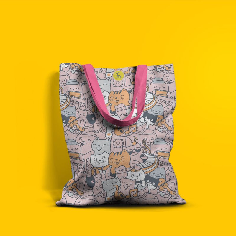 Fashion, accesorii si bijuterii - Femei - Accesorii femei - Genti si rucsacuri femei - Geanta Handmade Tote Basic, Si Pisicile adora Muzica, Multicolor, 43x37 cm - Infinity.ro