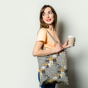 Geanta Handmade Tote Basic, Pisicile la Job, Multicolor, 43x37 cm