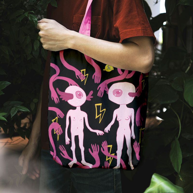 Fashion, accesorii si bijuterii - Femei - Accesorii femei - Genti si rucsacuri femei - Geanta Handmade Tote Liner cu Captuseala, Adam si Eva Extraterestii de pe Marte, Multicolor, 45x37 cm - Infinity.ro