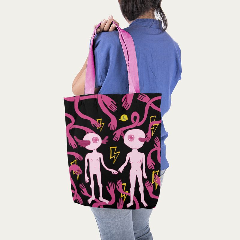 Fashion, accesorii si bijuterii - Femei - Accesorii femei - Genti si rucsacuri femei - Geanta Handmade Tote Liner cu Captuseala, Adam si Eva Extraterestii de pe Marte, Multicolor, 45x37 cm - Infinity.ro