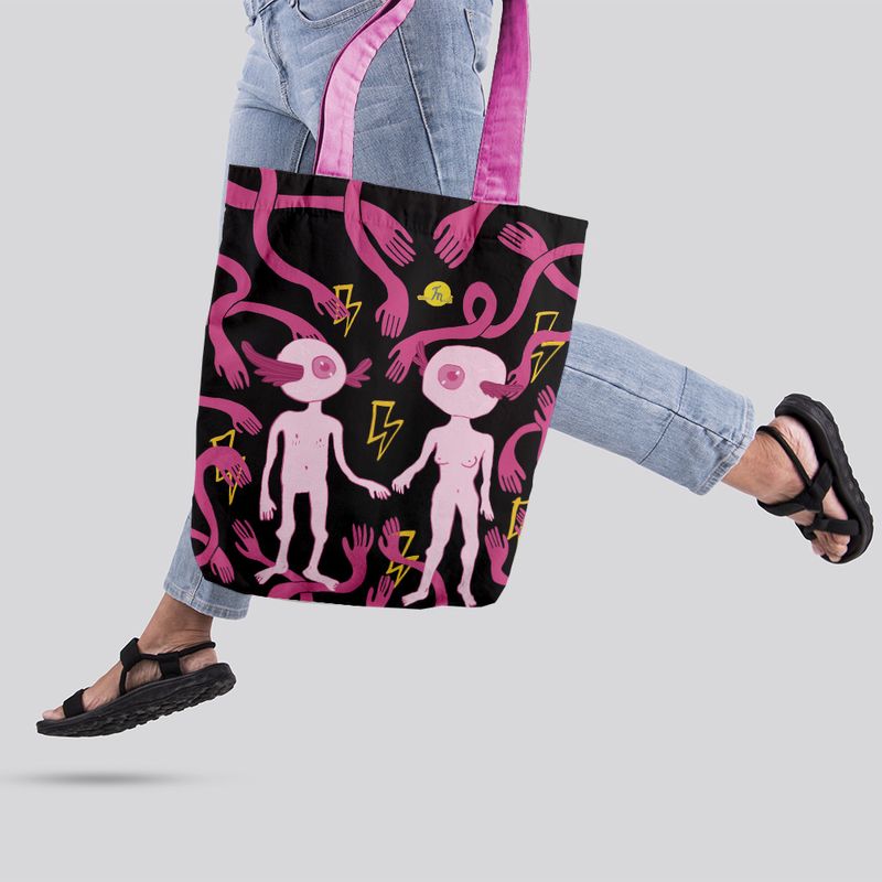 Fashion, accesorii si bijuterii - Femei - Accesorii femei - Genti si rucsacuri femei - Geanta Handmade Tote Liner cu Captuseala, Adam si Eva Extraterestii de pe Marte, Multicolor, 45x37 cm - Infinity.ro