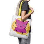 Fashion, accesorii si bijuterii - Femei - Accesorii femei - Genti si rucsacuri femei - Geanta Handmade Tote Basic, Pisica Cosmica Violet cu Ochi Albastri, Multicolor, 43x37 cm - Infinity.ro