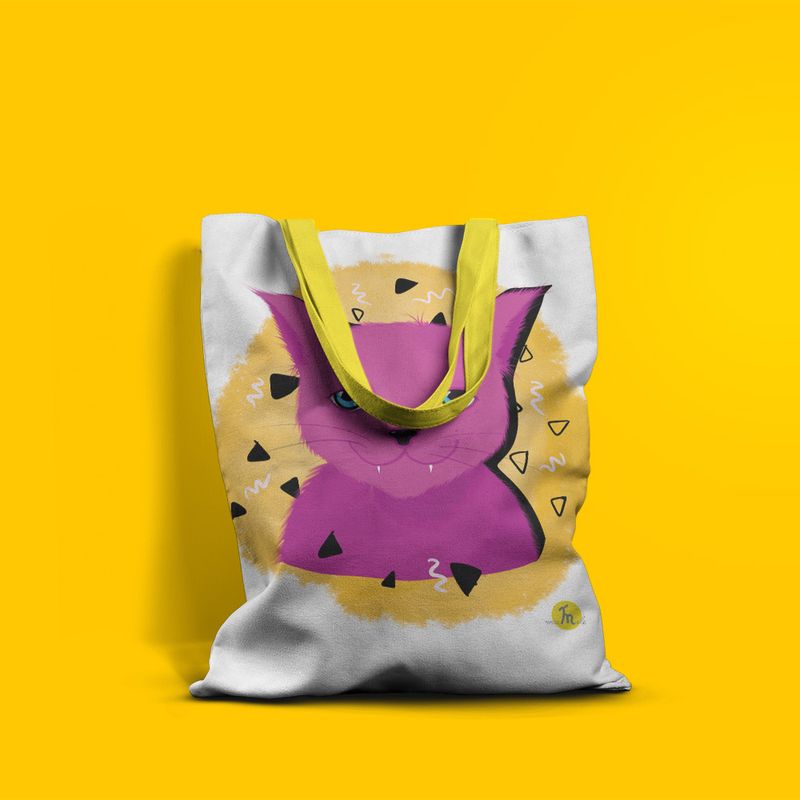 Fashion, accesorii si bijuterii - Femei - Accesorii femei - Genti si rucsacuri femei - Geanta Handmade Tote Basic, Pisica Cosmica Violet cu Ochi Albastri, Multicolor, 43x37 cm - Infinity.ro