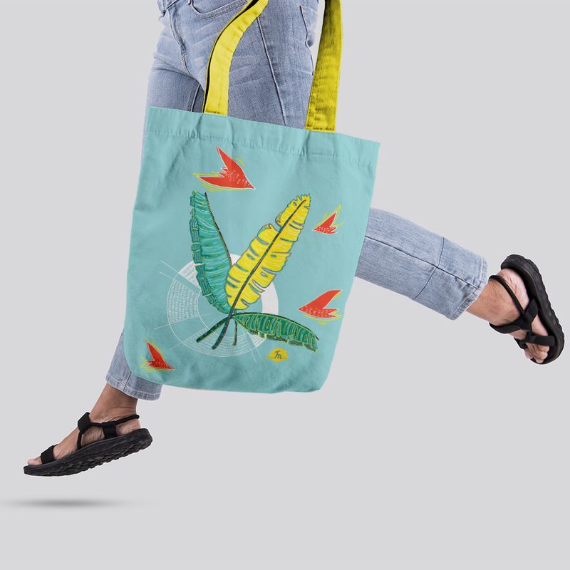 Fashion, accesorii si bijuterii - Femei - Accesorii femei - Genti si rucsacuri femei - Geanta Handmade Tote Liner cu Captuseala, Frunze de Bananier, Multicolor, 45x37 cm - Infinity.ro