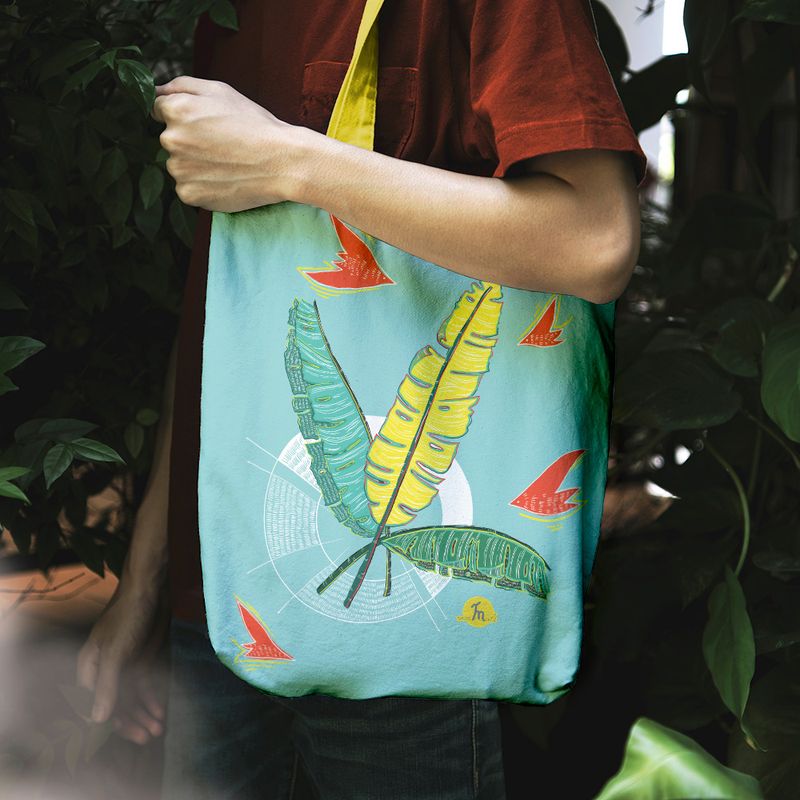 Fashion, accesorii si bijuterii - Femei - Accesorii femei - Genti si rucsacuri femei - Geanta Handmade Tote Liner cu Captuseala, Frunze de Bananier, Multicolor, 45x37 cm - Infinity.ro