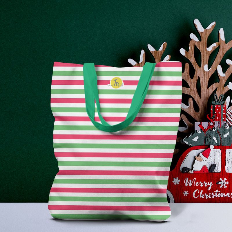 Fashion, accesorii si bijuterii - Femei - Accesorii femei - Genti si rucsacuri femei - Geanta Handmade Tote Liner cu Captuseala, Dungi in Culori de Craciun, Multicolor, 45x37 cm - Infinity.ro