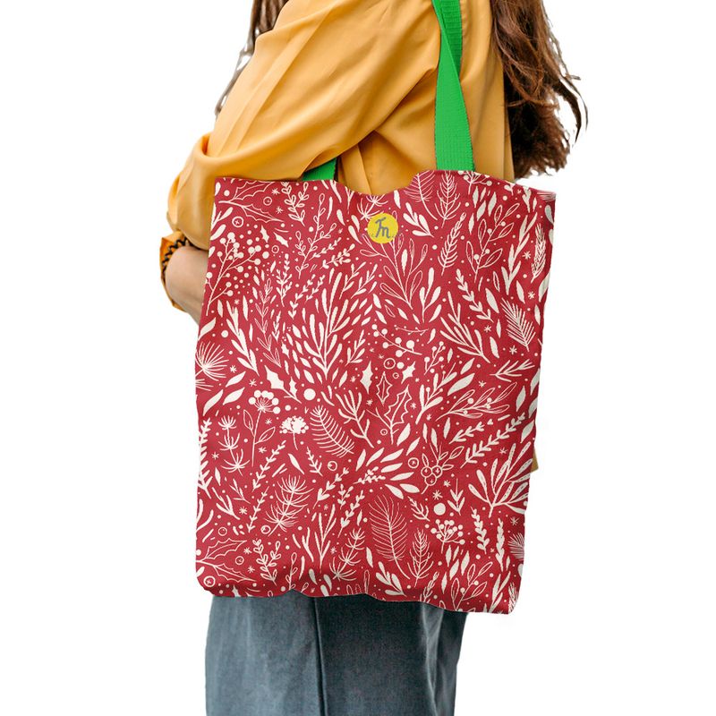 Fashion, accesorii si bijuterii - Femei - Accesorii femei - Genti si rucsacuri femei - Geanta Handmade Tote Liner cu Captuseala, Pattern de Craciun cu Plante, Multicolor, 45x37 cm - Infinity.ro