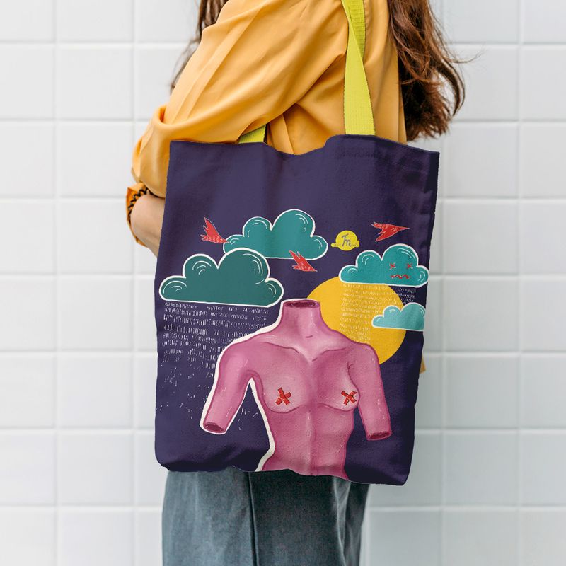 Fashion, accesorii si bijuterii - Femei - Accesorii femei - Genti si rucsacuri femei - Geanta Handmade Tote Liner cu Captuseala, Afrodita Bust, Nori si Ploaie, Multicolor, 45x37 cm - Infinity.ro