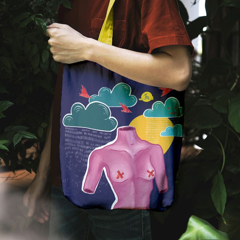 Fashion, accesorii si bijuterii - Femei - Accesorii femei - Genti si rucsacuri femei - Geanta Handmade Tote Liner cu Captuseala, Afrodita Bust, Nori si Ploaie, Multicolor, 45x37 cm - Infinity.ro