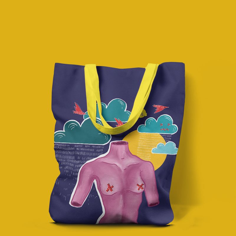 Fashion, accesorii si bijuterii - Femei - Accesorii femei - Genti si rucsacuri femei - Geanta Handmade Tote Liner cu Captuseala, Afrodita Bust, Nori si Ploaie, Multicolor, 45x37 cm - Infinity.ro